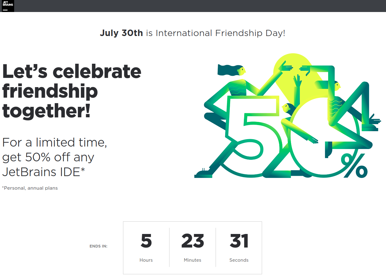 Promoção Jetbrains dia do Amigo: 50% off